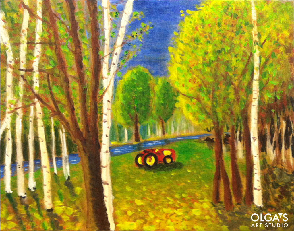 Fall landscape with a red tractor